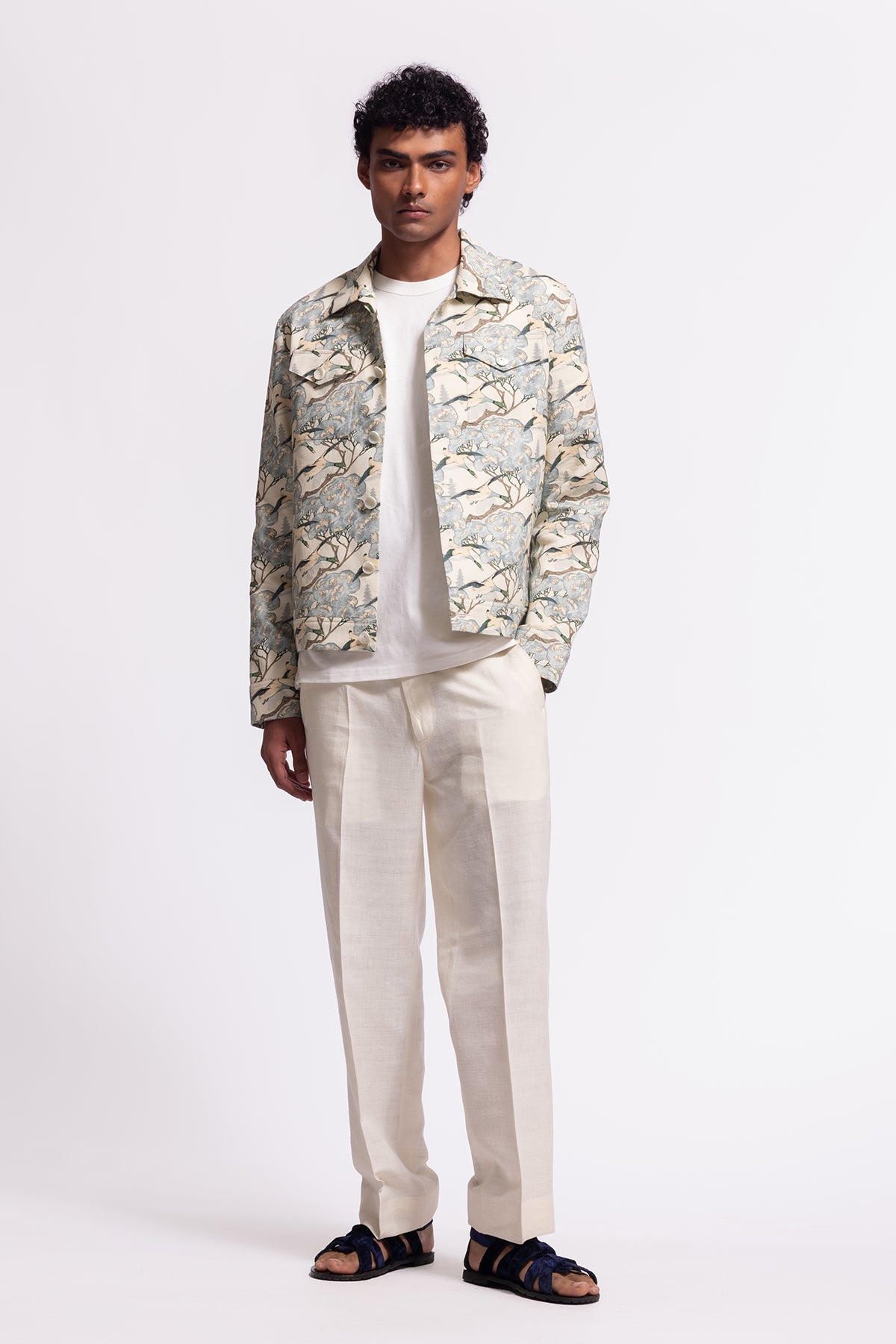 Men's Ivory Printed Linen Jacket