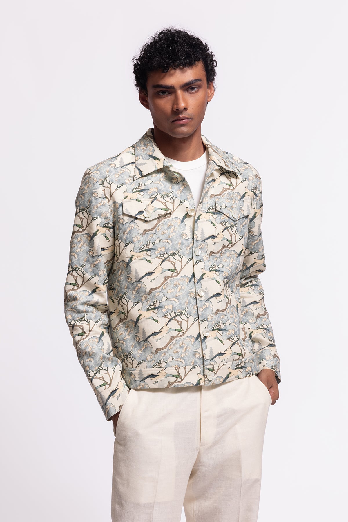 Men's Ivory Printed Linen Jacket