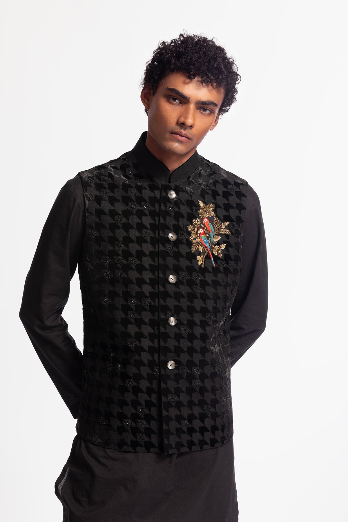 Men's Velvet Applique Bundi with Bird Motif