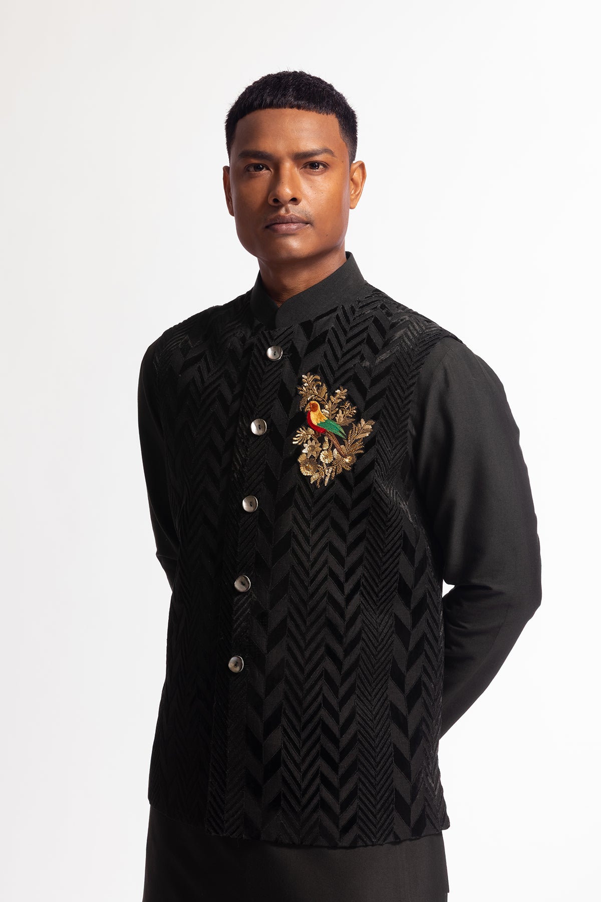 Men's Velvet Applique Bundi with Bird Motif
