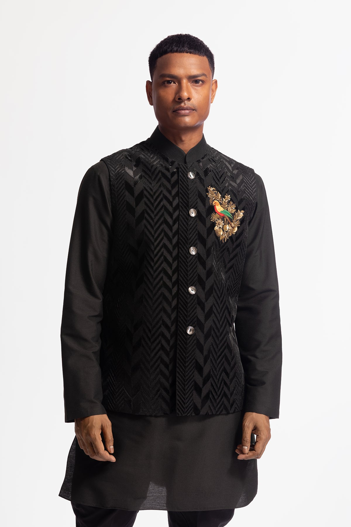 Men's Velvet Applique Bundi with Bird Motif