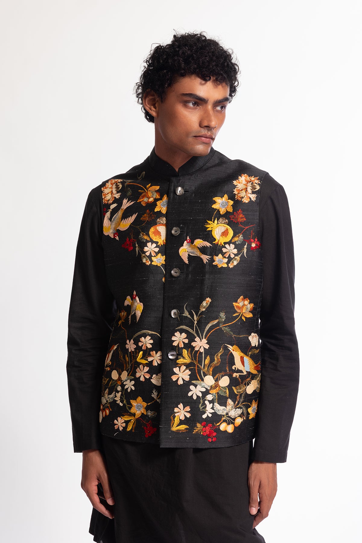 Men's Floral Printed Bundi with Embroidery in Dupion Silk