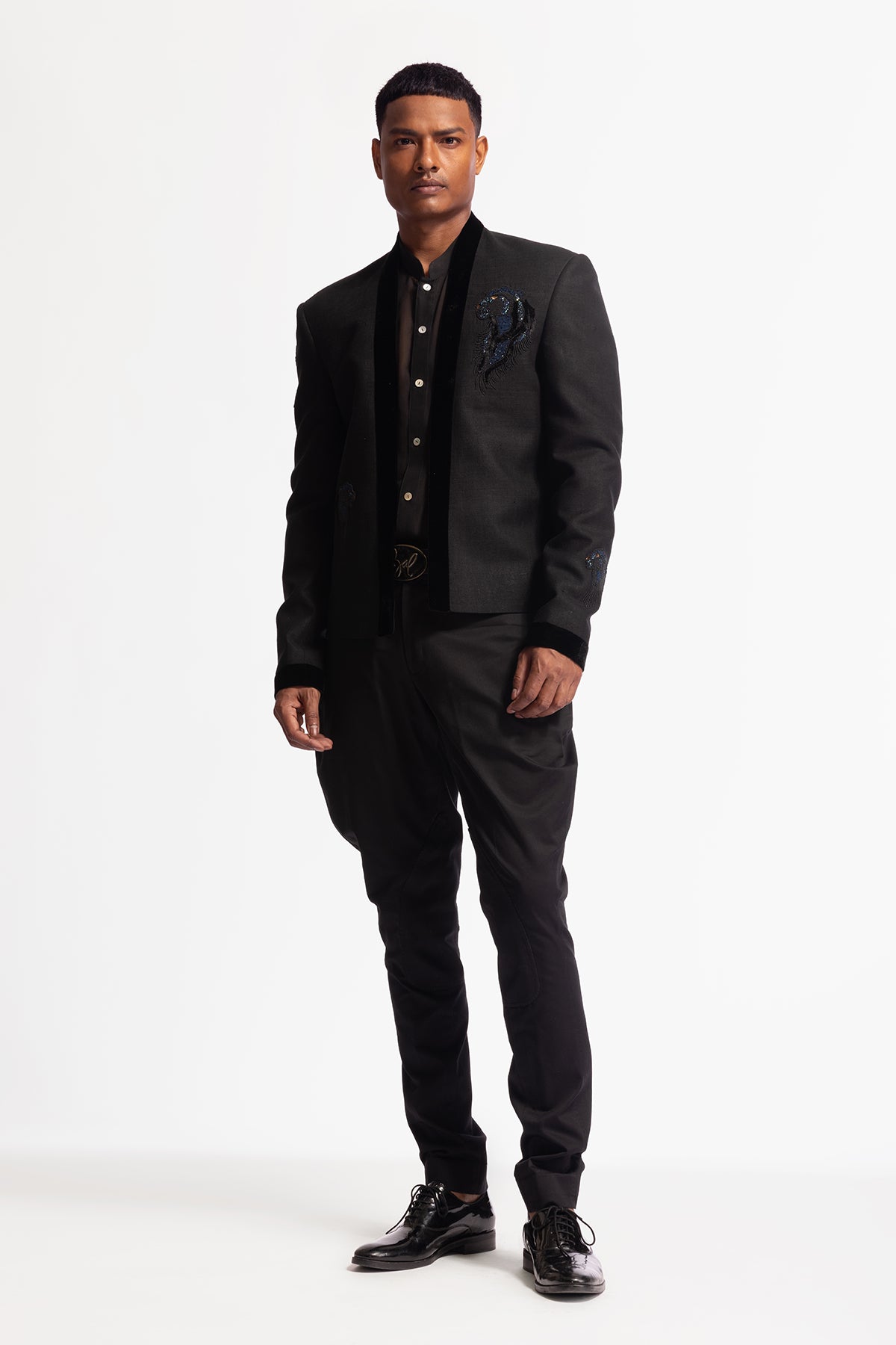 Men's Black Matka Silk Embroidered Jacket with Horse Motif