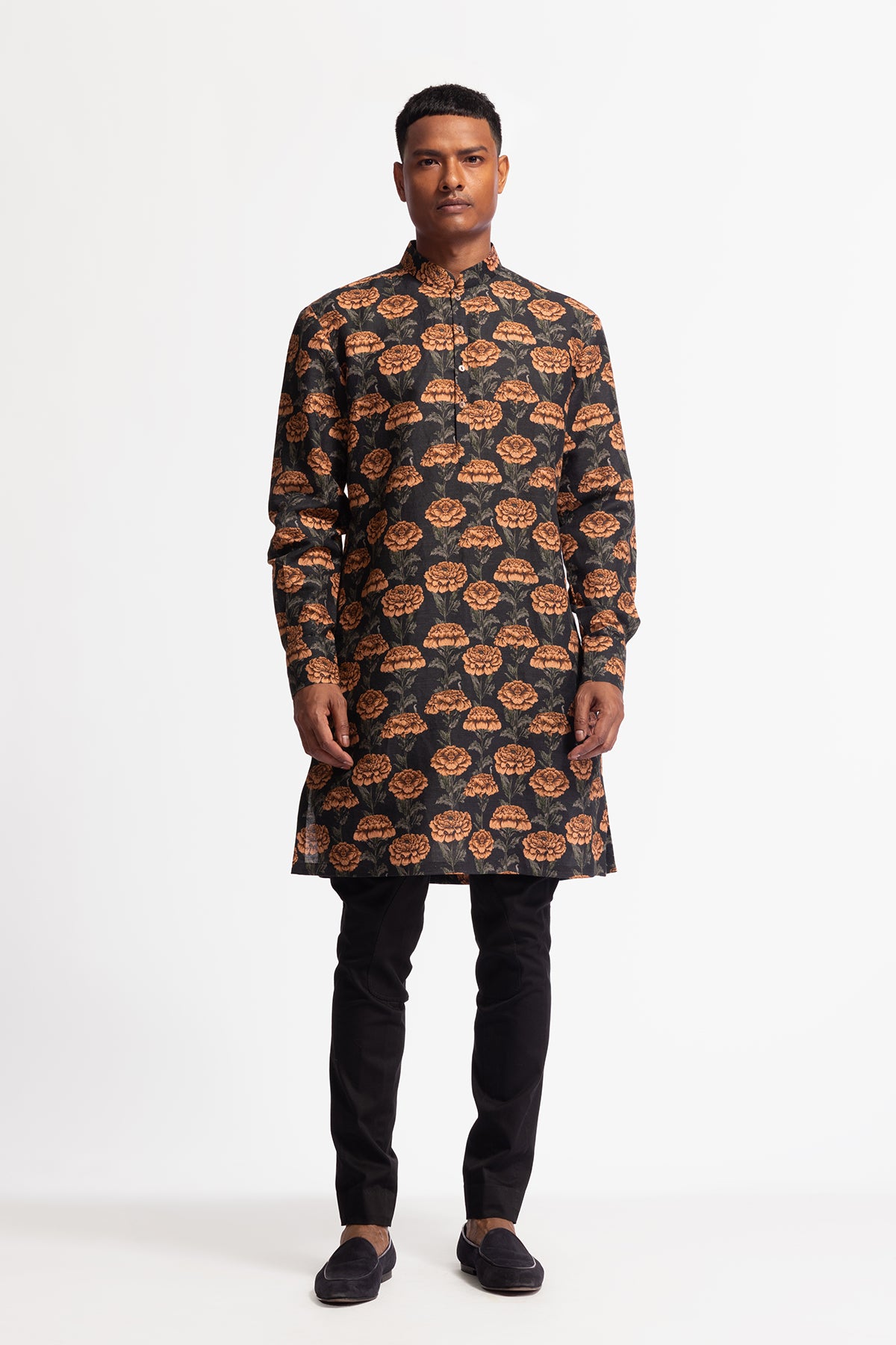 Men's Chanderi Short Kurta with Floral Print