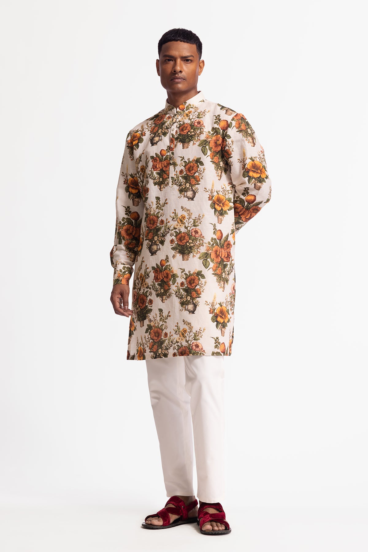 Men's Printed Dupion Silk Short Kurta