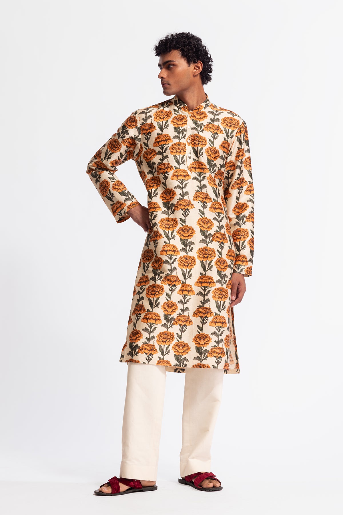 Men's Printed Dupion Silk Short Kurta