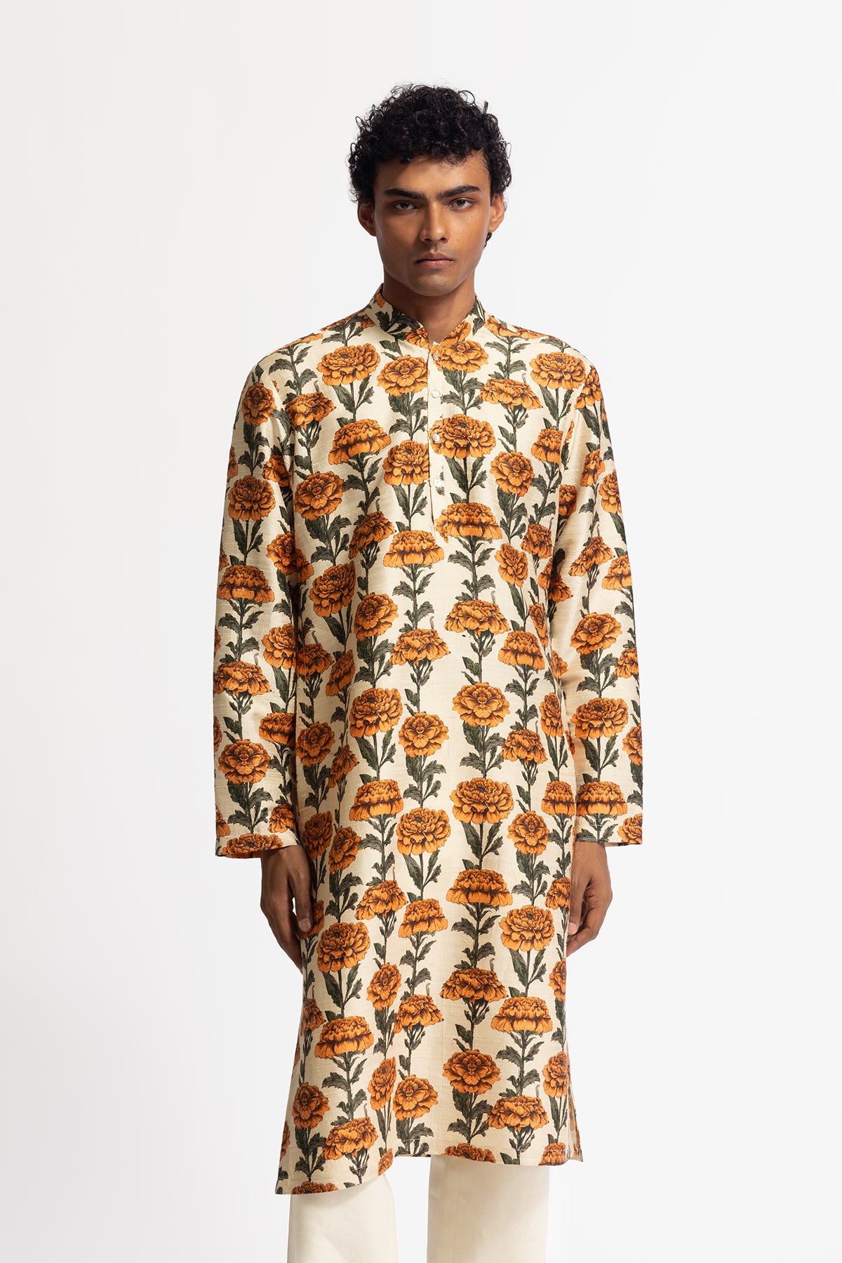 Men's Printed Dupion Silk Short Kurta