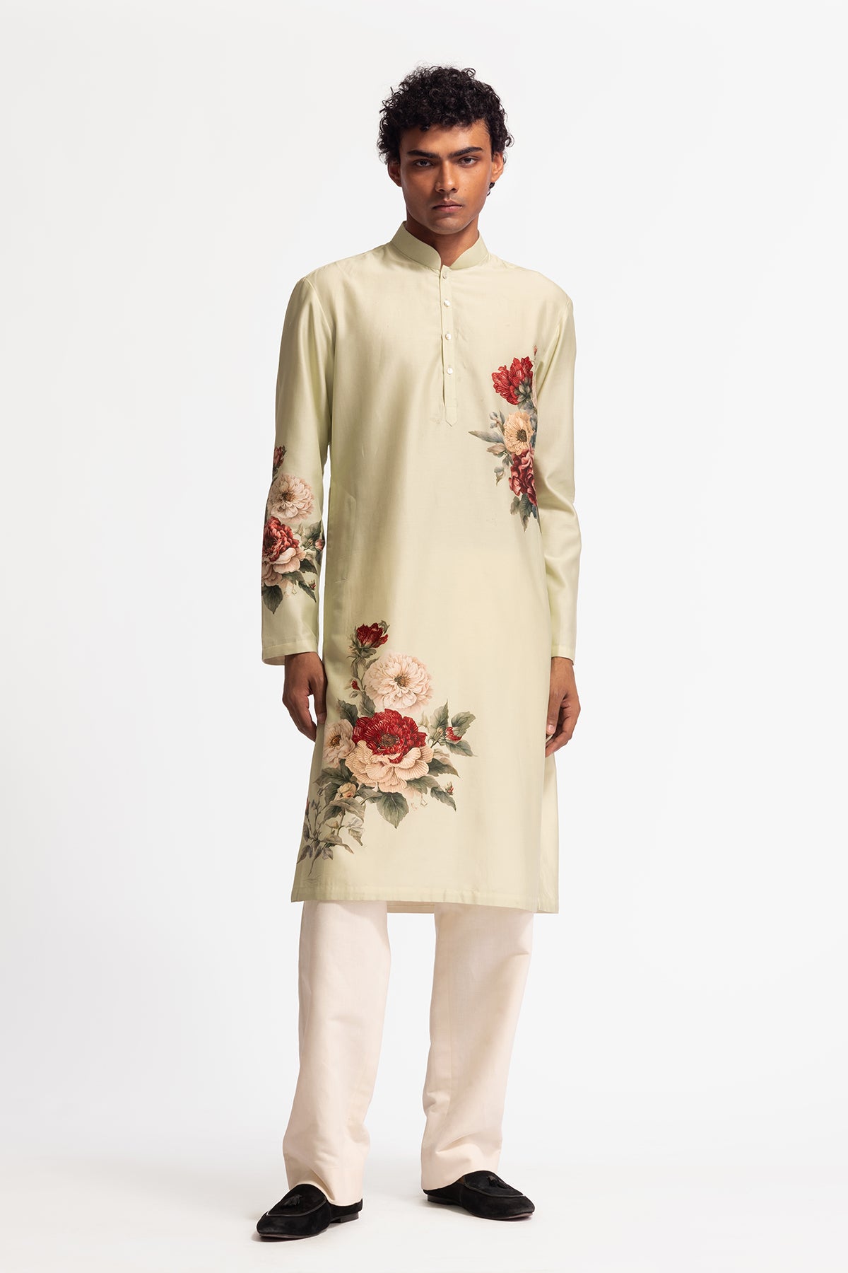 Men's Floral Printed Chanderi Kurta