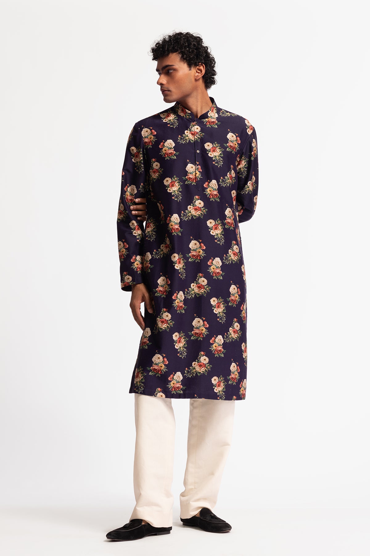 Men's Indigo Chanderi Kurta Set with Digital Print