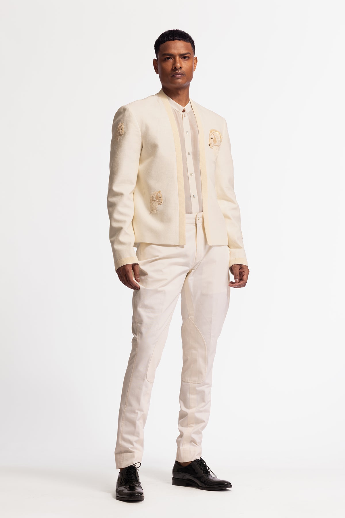 Men's Ivory Matka Silk Embroidered Jacket with Horse Motif