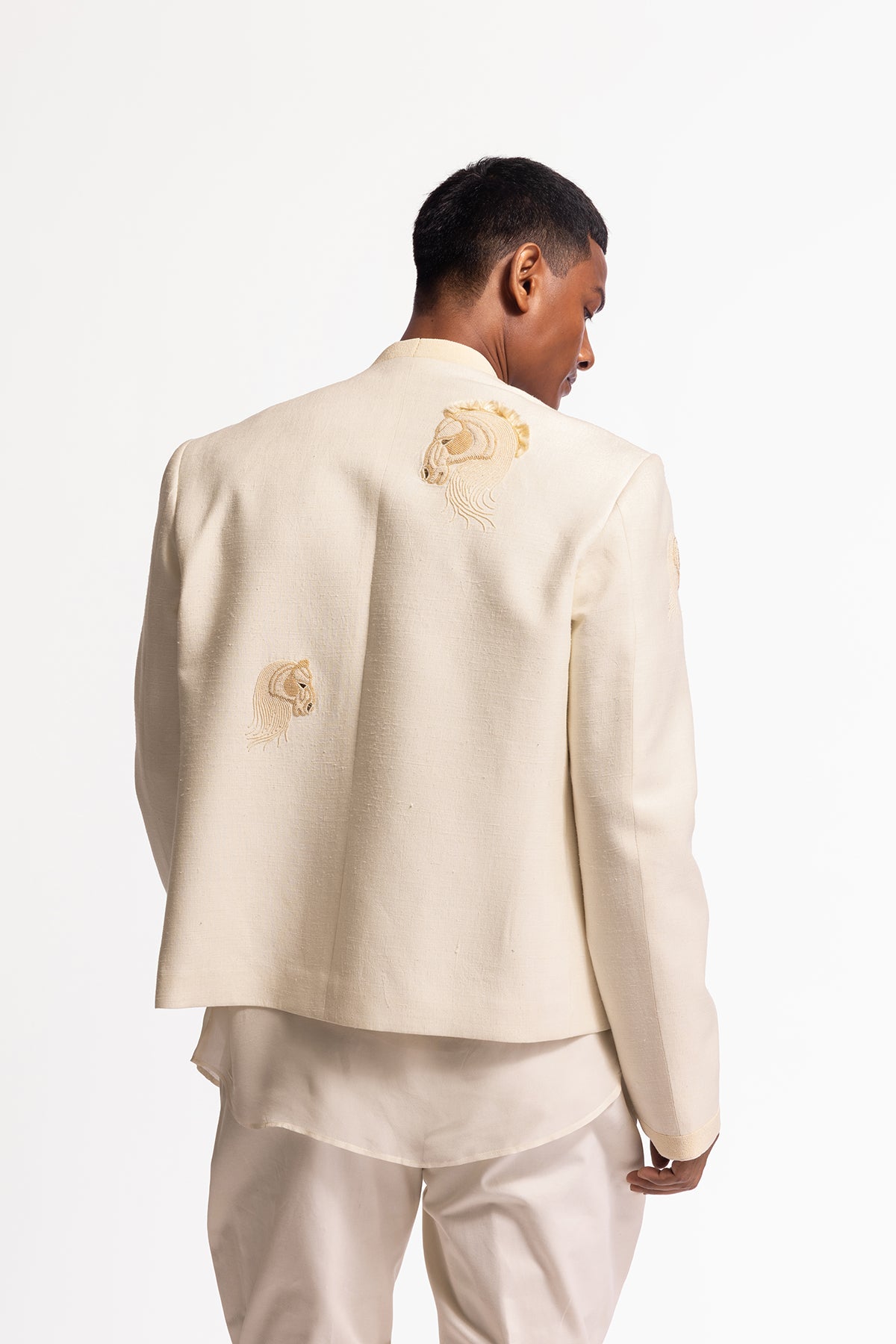 Men's Ivory Matka Silk Embroidered Jacket with Horse Motif