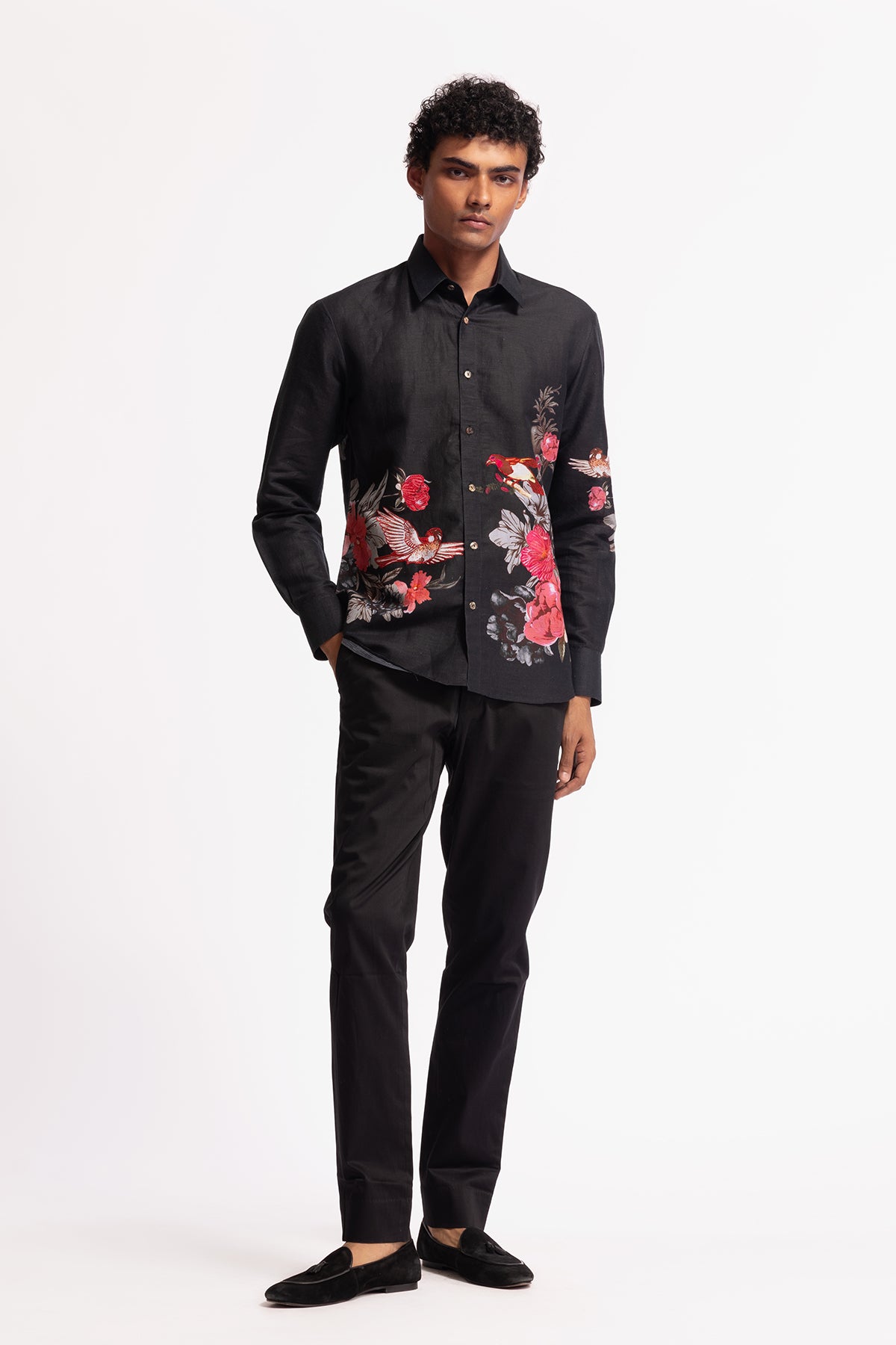 Men's Black Poplin Shirt with Floral & Bird Motif Embroidery