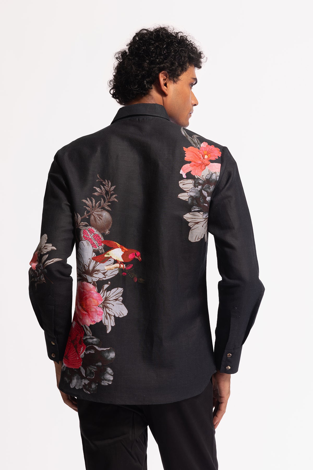 Men's Black Poplin Shirt with Floral & Bird Motif Embroidery