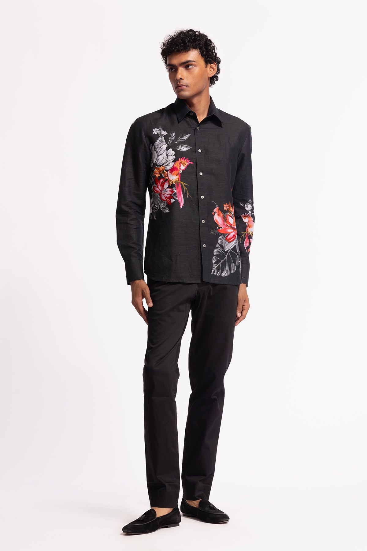 Men's Black Poplin Shirt with Floral & Bird Motif Embroidery
