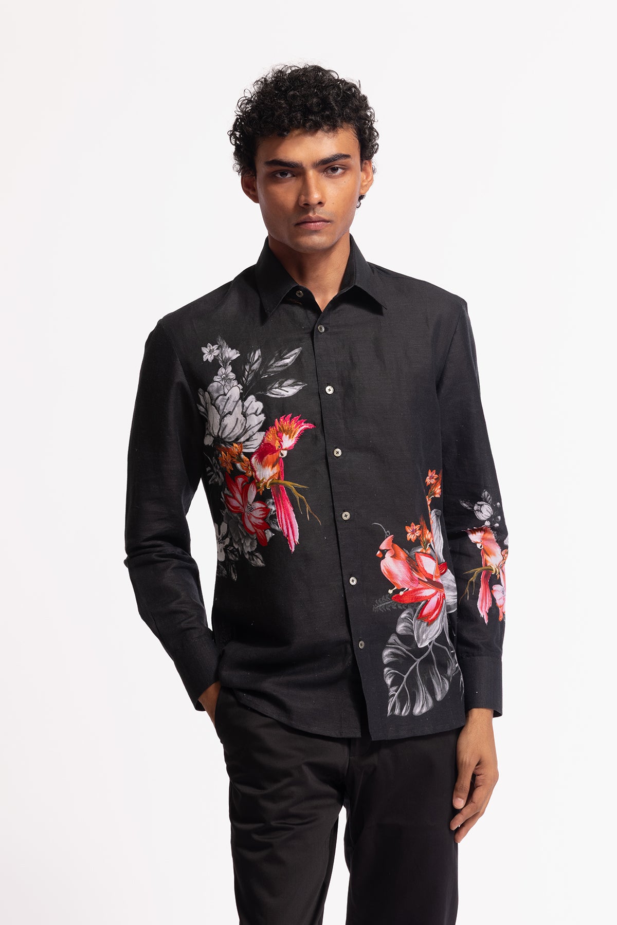 Men's Black Poplin Shirt with Floral & Bird Motif Embroidery