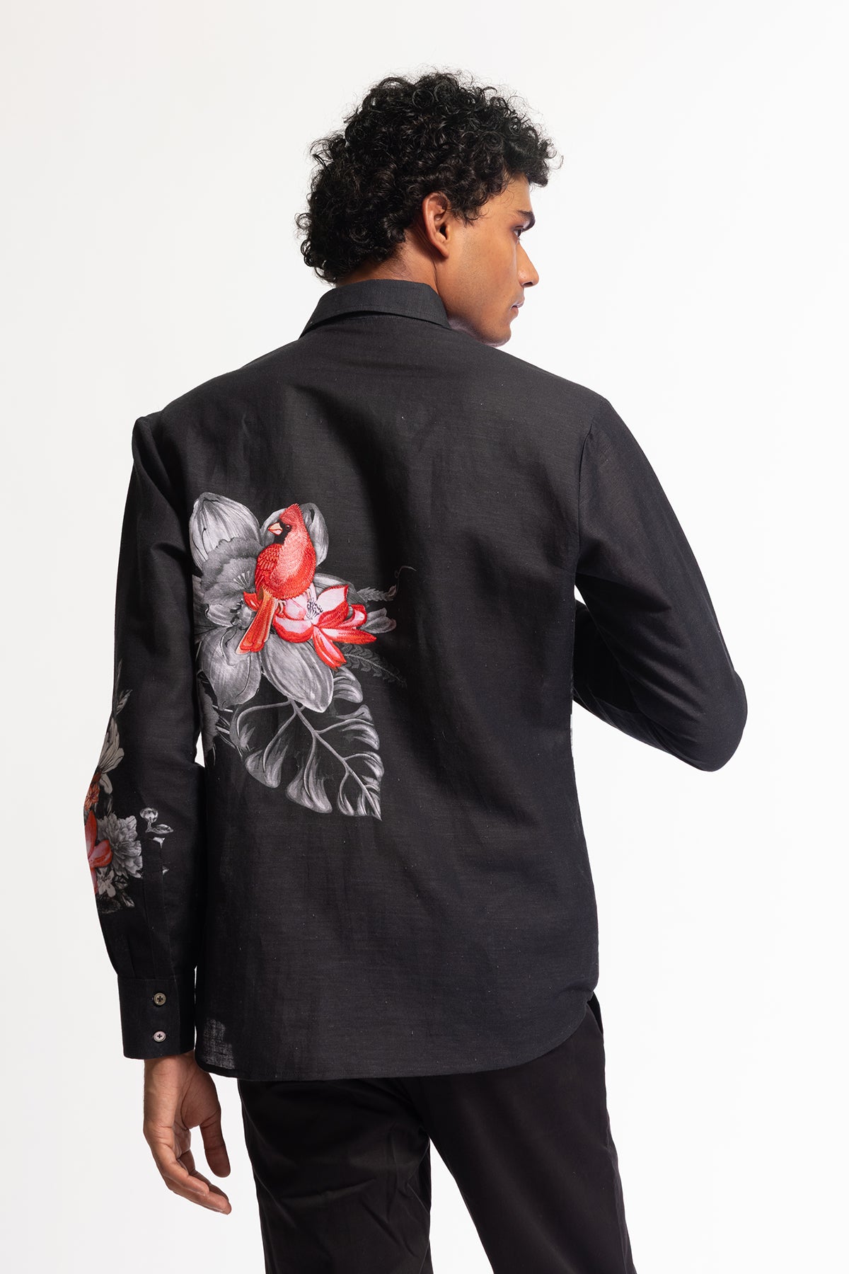 Men's Black Poplin Shirt with Floral & Bird Motif Embroidery