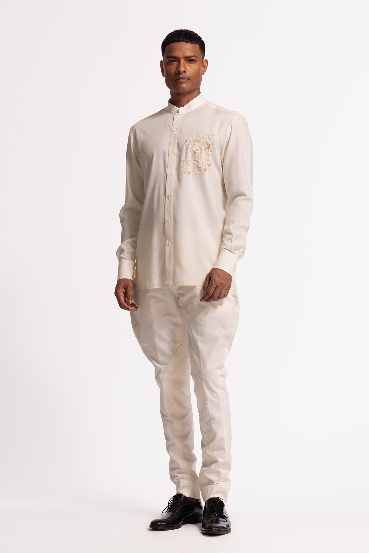 Men's Ivory Poplin Shirt with Bird Motif and Intricate Embroidery
