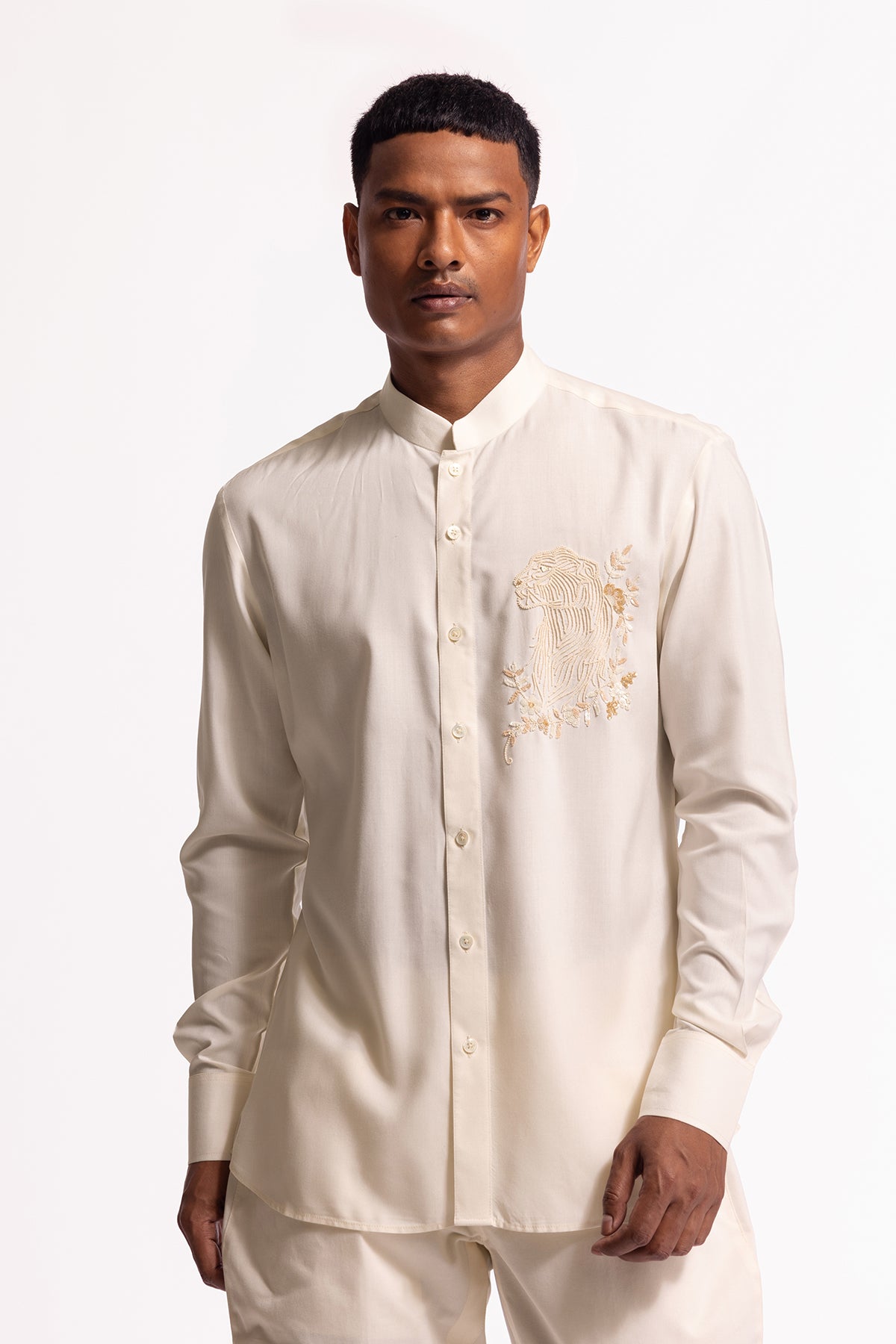Men's Ivory Poplin Shirt with Bird Motif and Intricate Embroidery