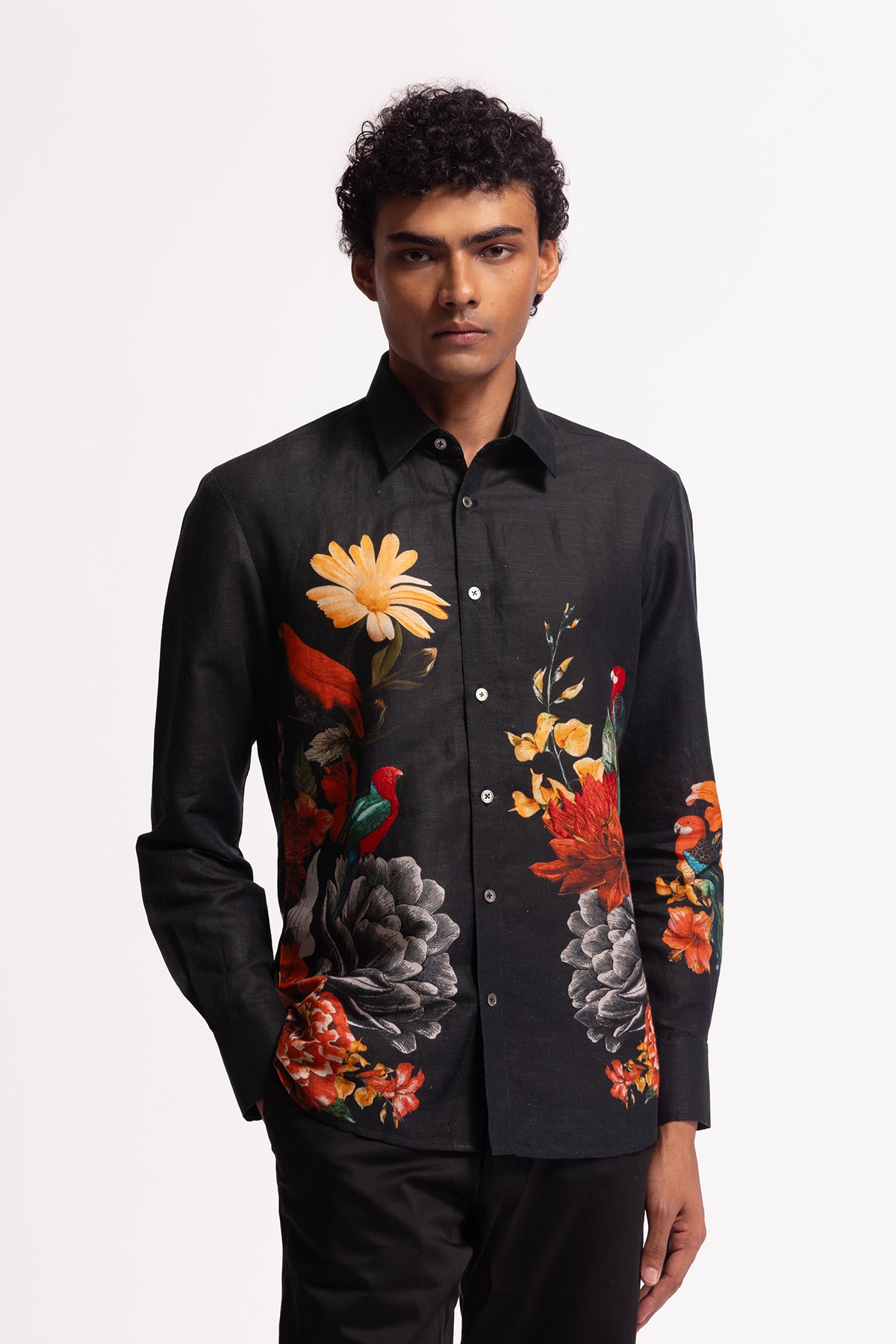Men's Black Poplin Shirt with Floral & Bird Motif Embroidery