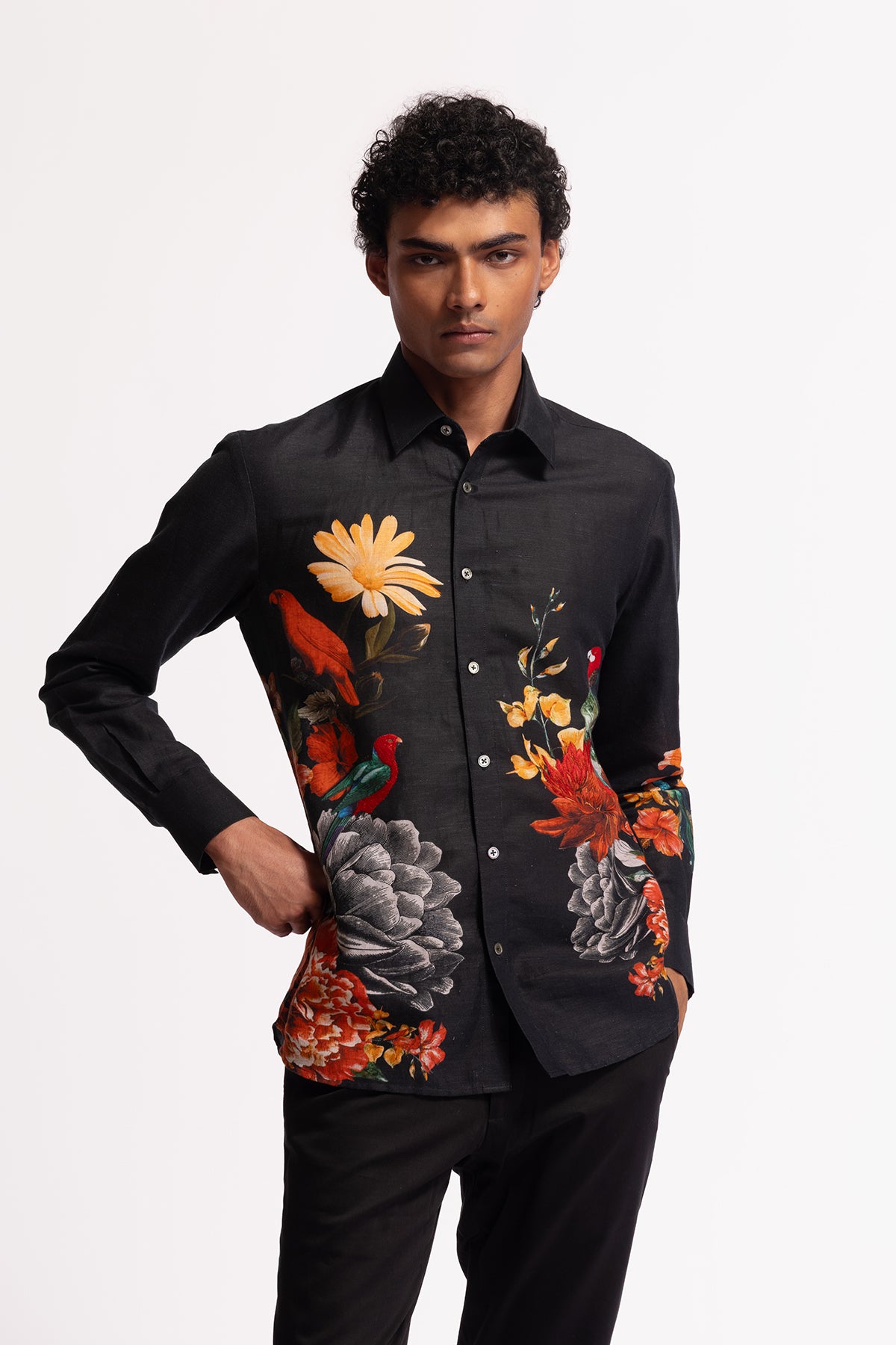 Men's Black Poplin Shirt with Floral & Bird Motif Embroidery