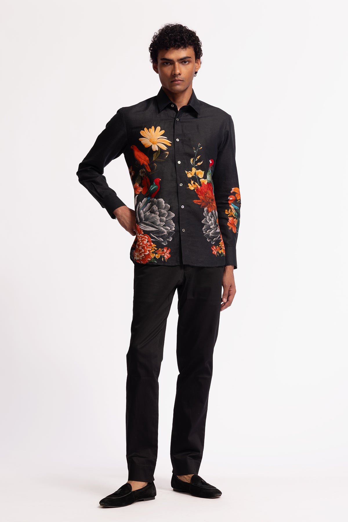 Men's Black Poplin Shirt with Floral & Bird Motif Embroidery