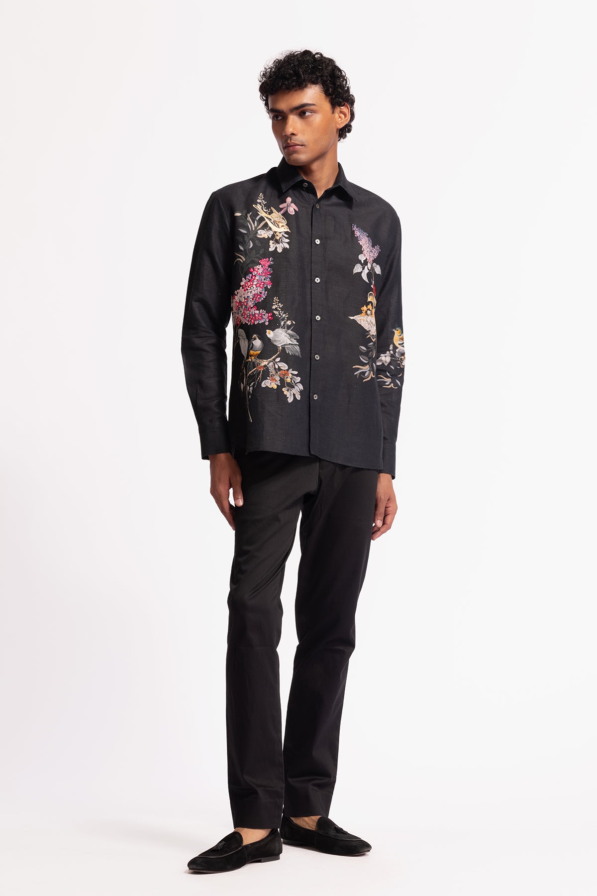 Men's Black Poplin Shirt with Floral & Bird Motif Embroidery