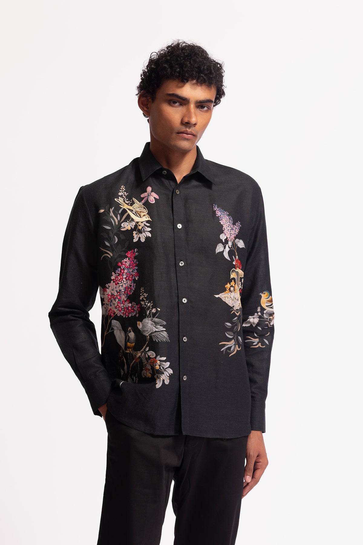 Men's Black Poplin Shirt with Floral & Bird Motif Embroidery