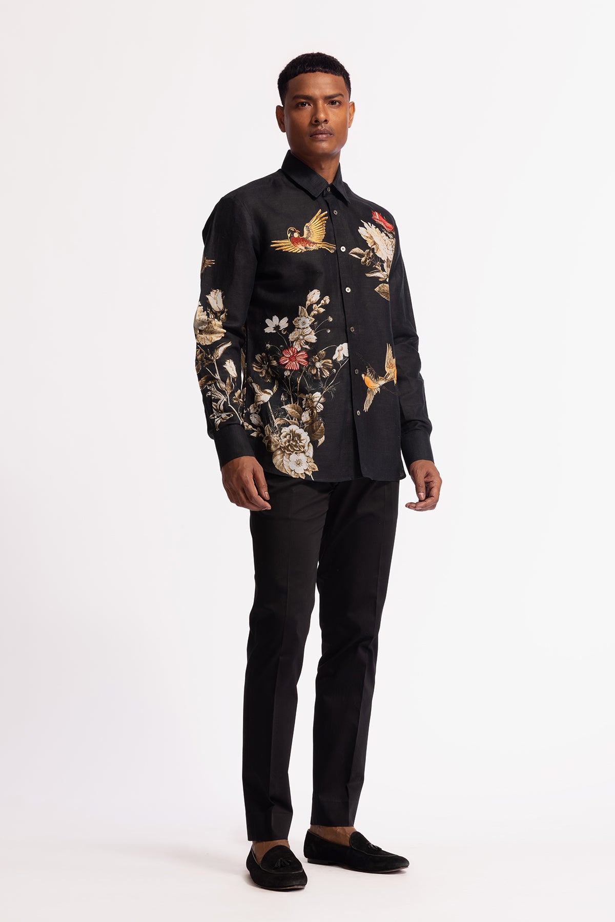 Men's Black Poplin Shirt with Floral & Bird Motif Embroidery