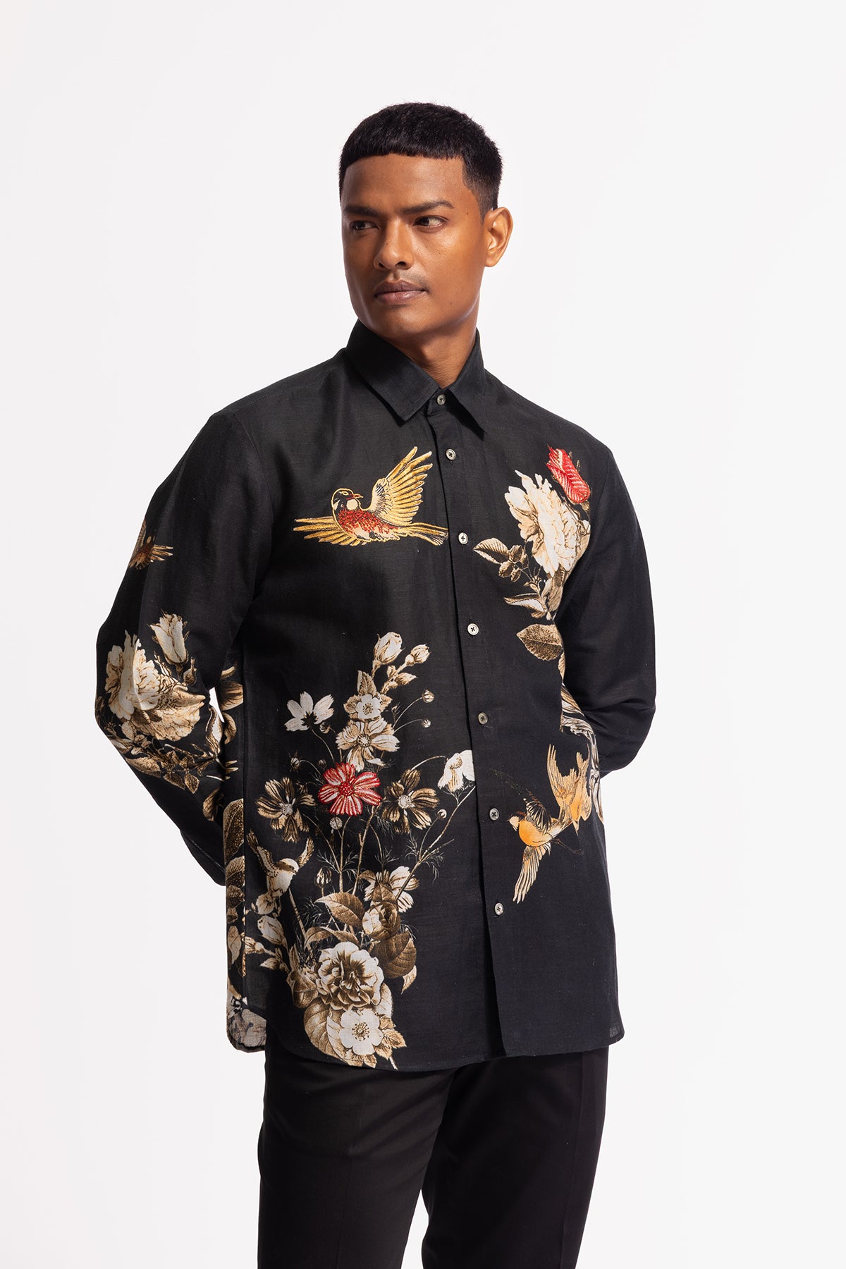 Men's Black Poplin Shirt with Floral & Bird Motif Embroidery