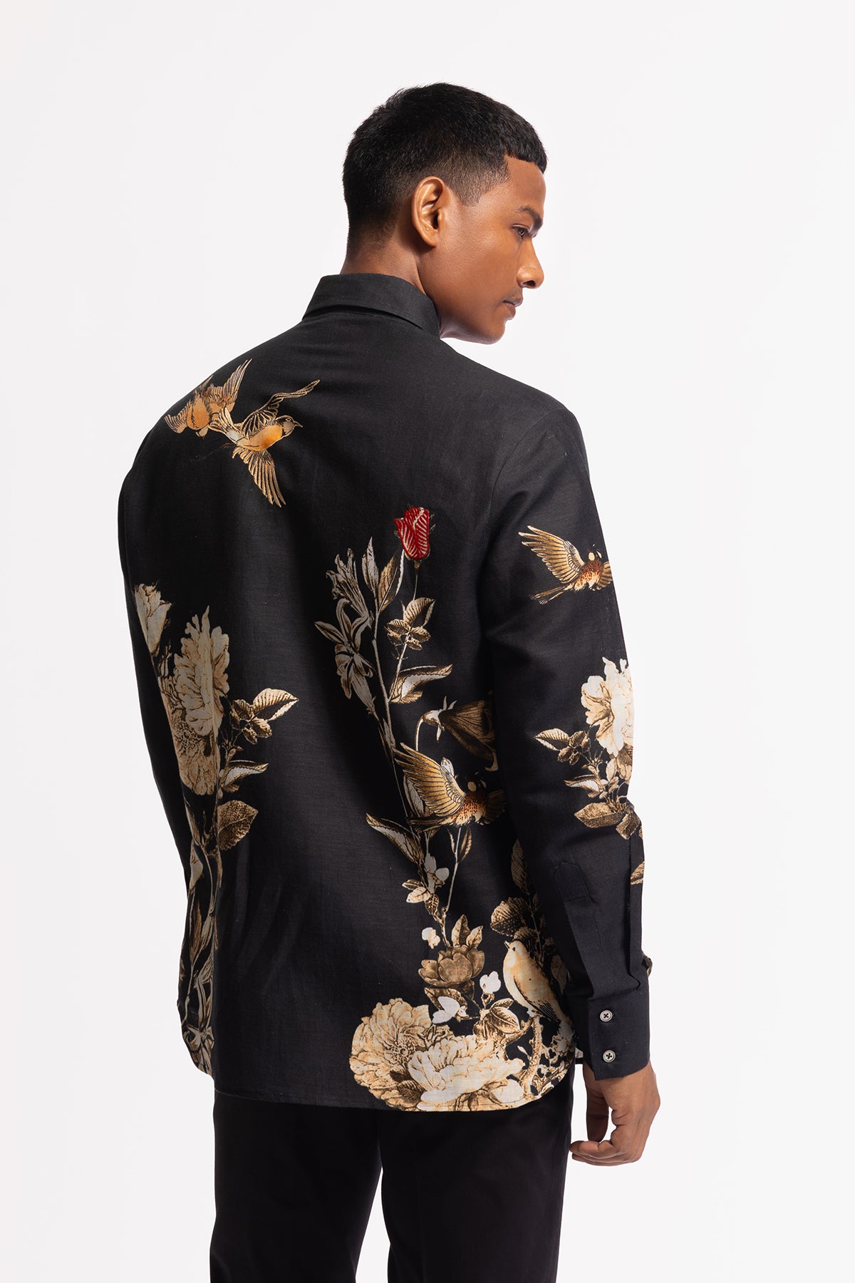 Men's Black Poplin Shirt with Floral & Bird Motif Embroidery