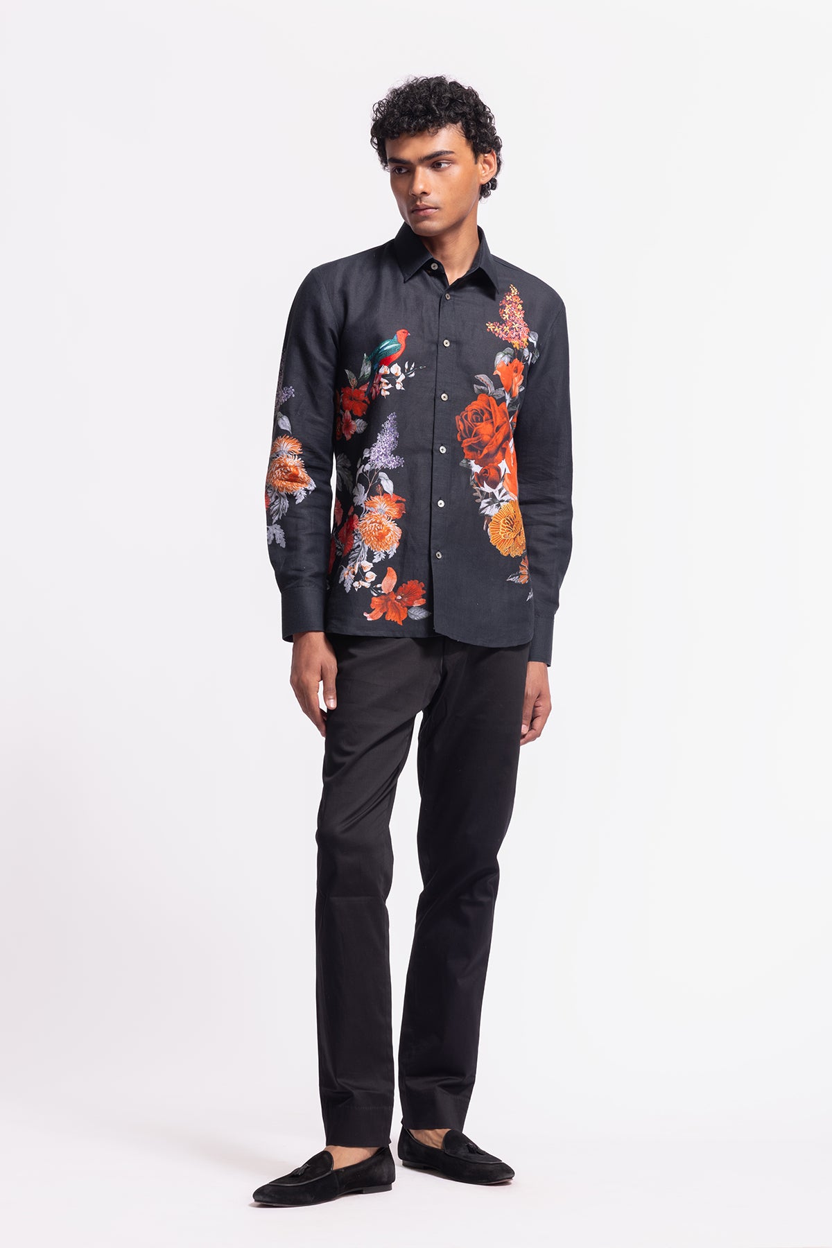 Men's Black Poplin Shirt with Floral & Bird Motif Embroidery