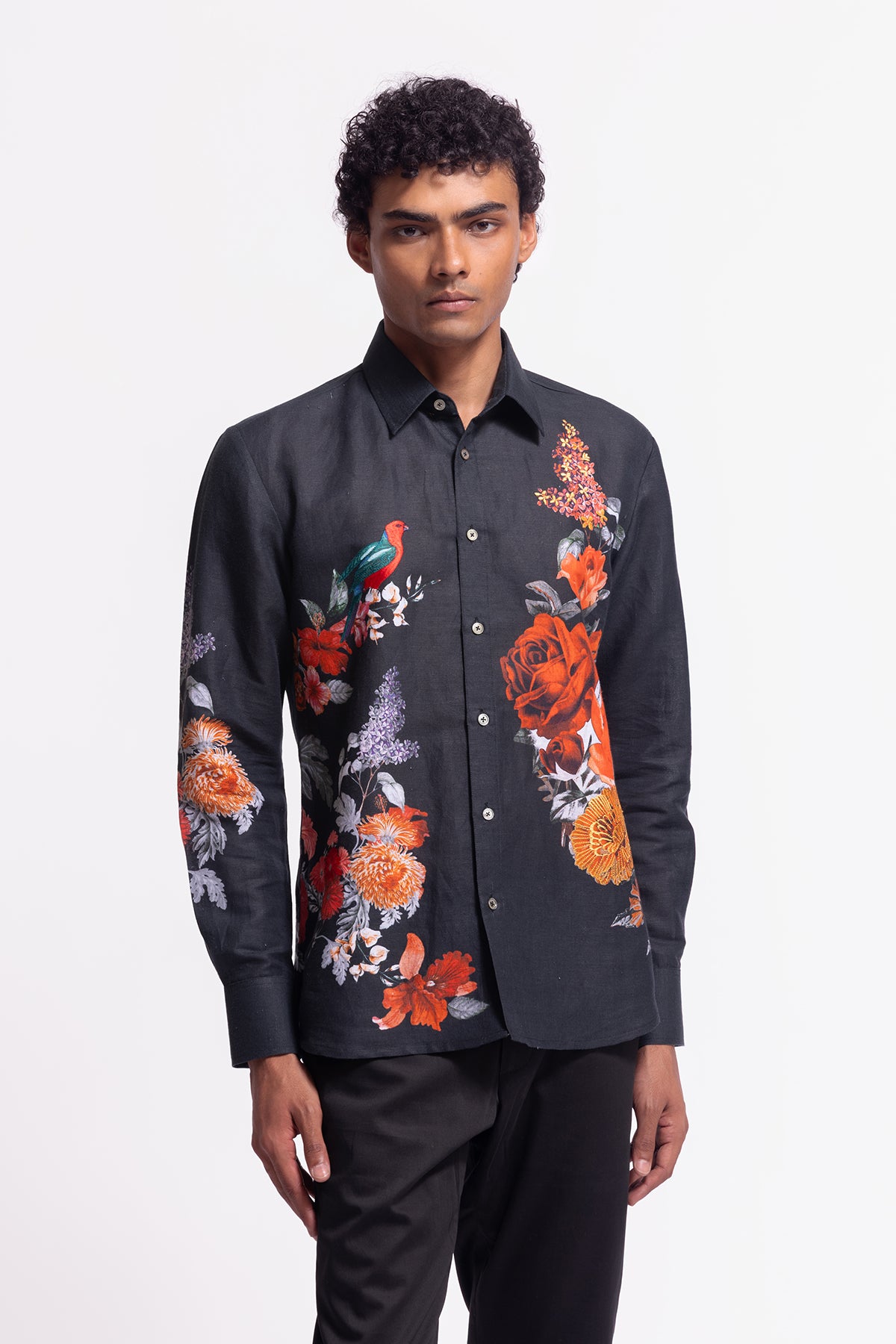 Men's Black Poplin Shirt with Floral & Bird Motif Embroidery