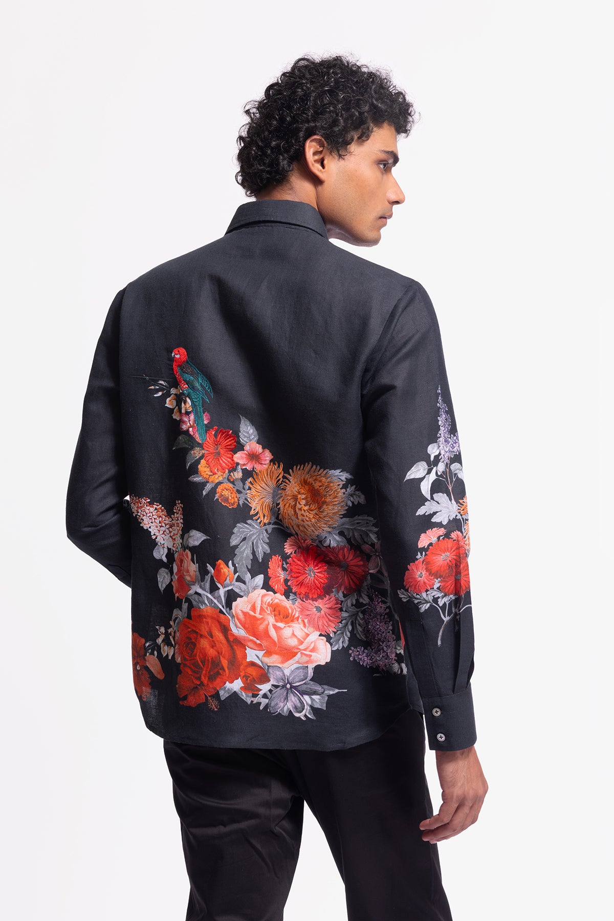 Men's Black Poplin Shirt with Floral & Bird Motif Embroidery