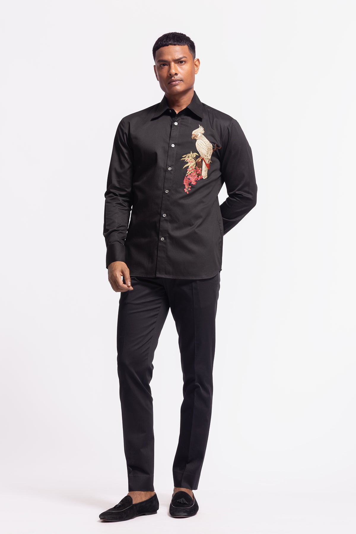 Men's Black Poplin Shirt with Bird Motif and Intricate Embroidery