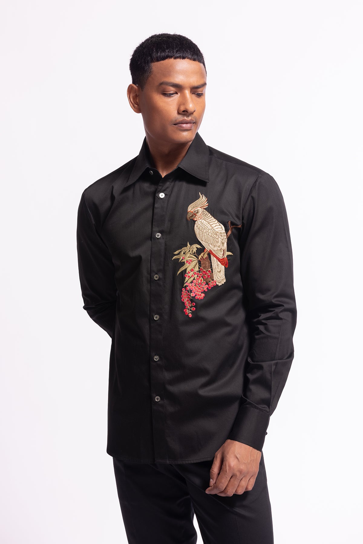 Men's Black Poplin Shirt with Bird Motif and Intricate Embroidery