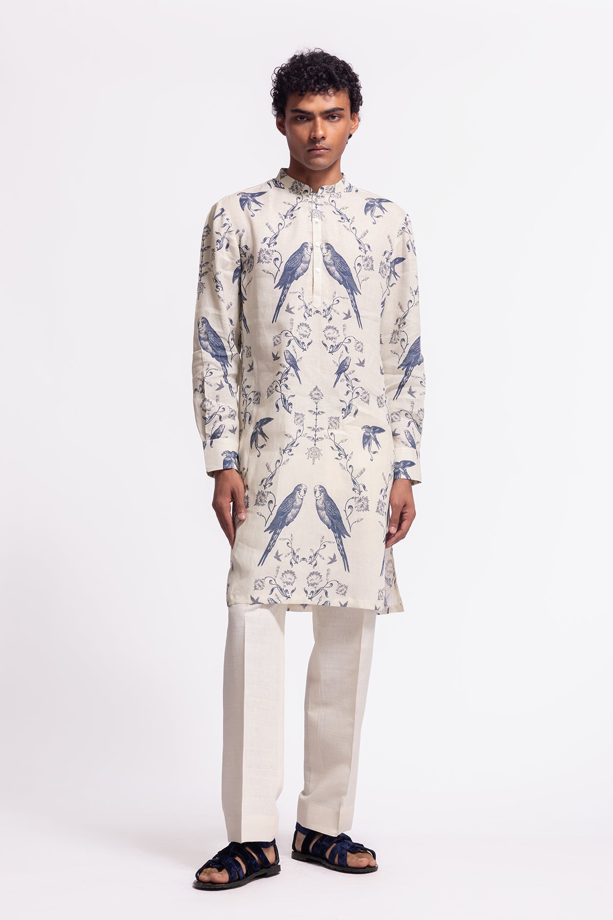 Men's Floral Printed Linen Short Kurta