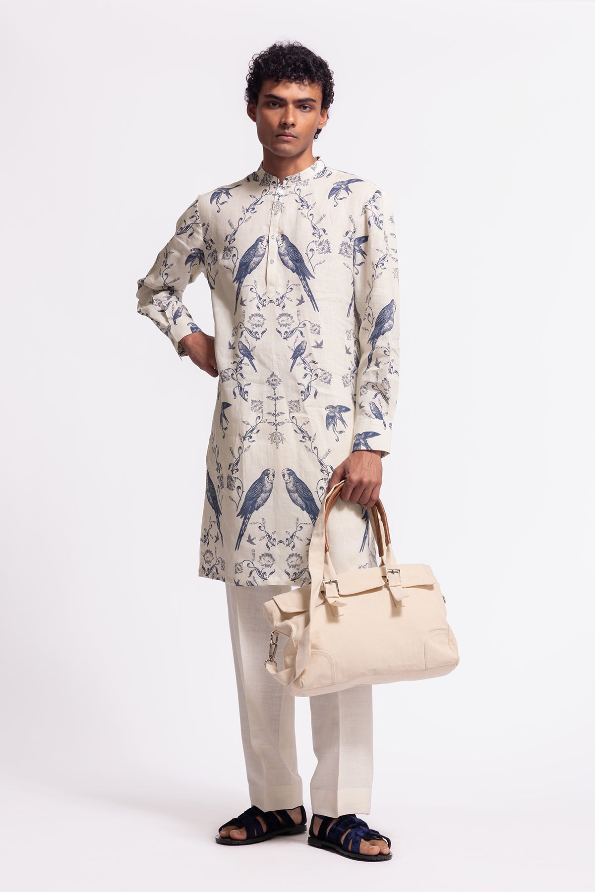 Men's Floral Printed Linen Short Kurta