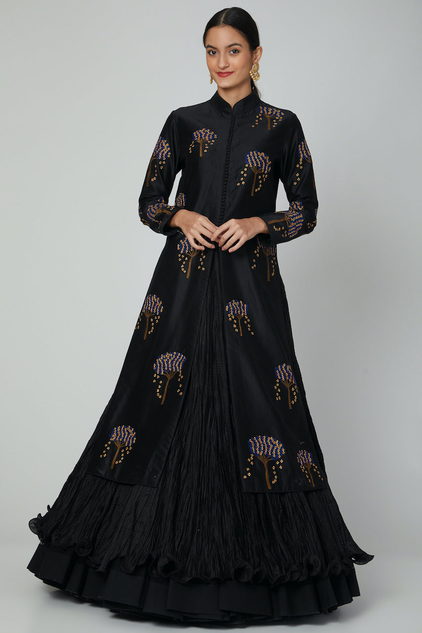 Black Embroidered Kurta With Skirt