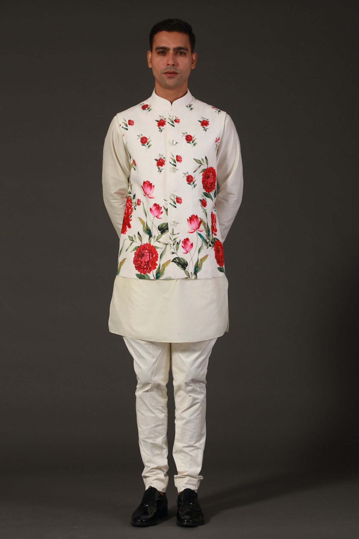 Ivory Linen Floral Printed Bundi