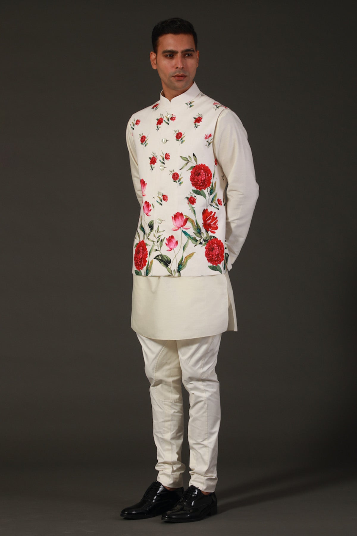 Ivory Linen Floral Printed Bundi