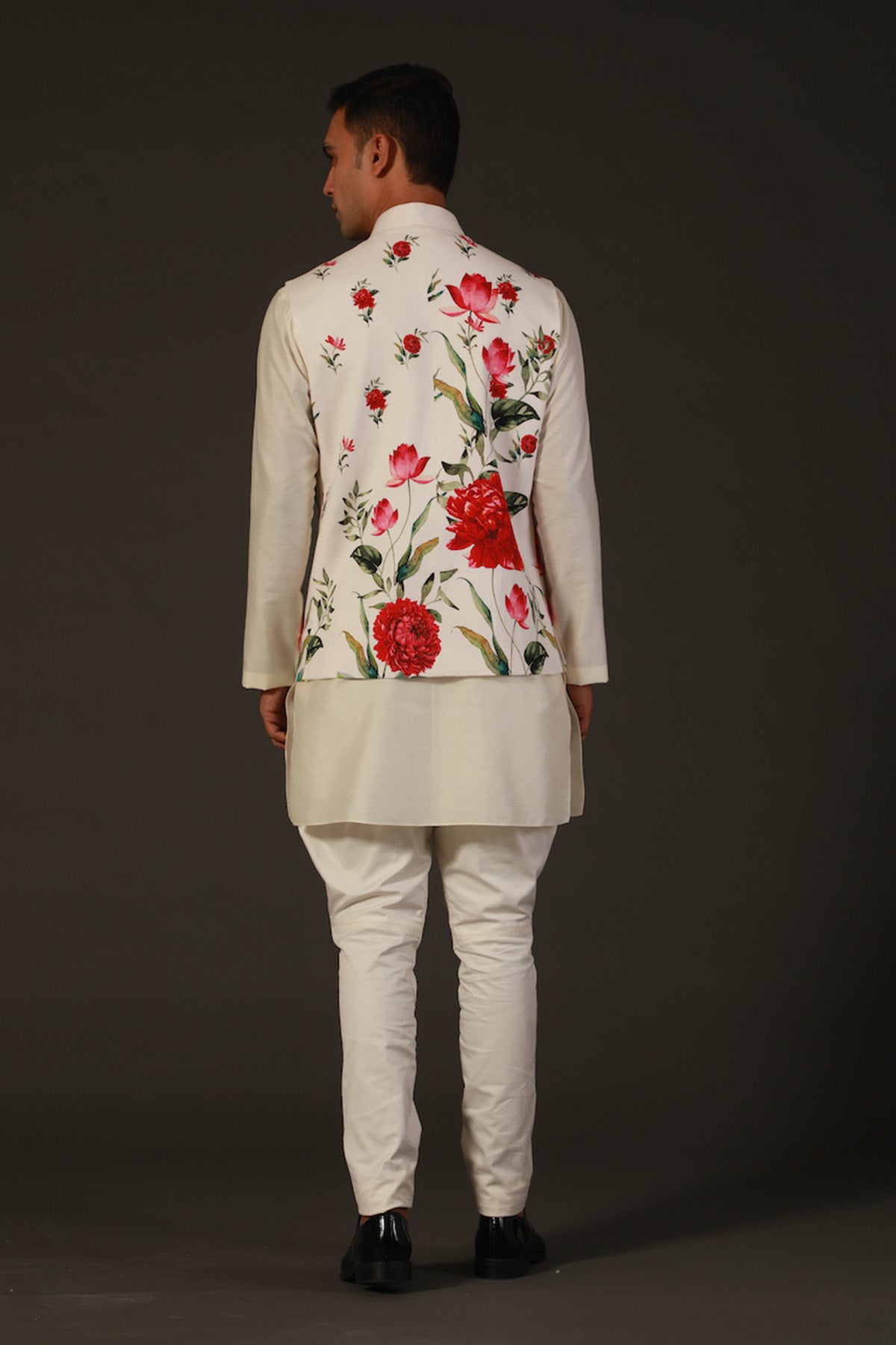Ivory Linen Floral Printed Bundi