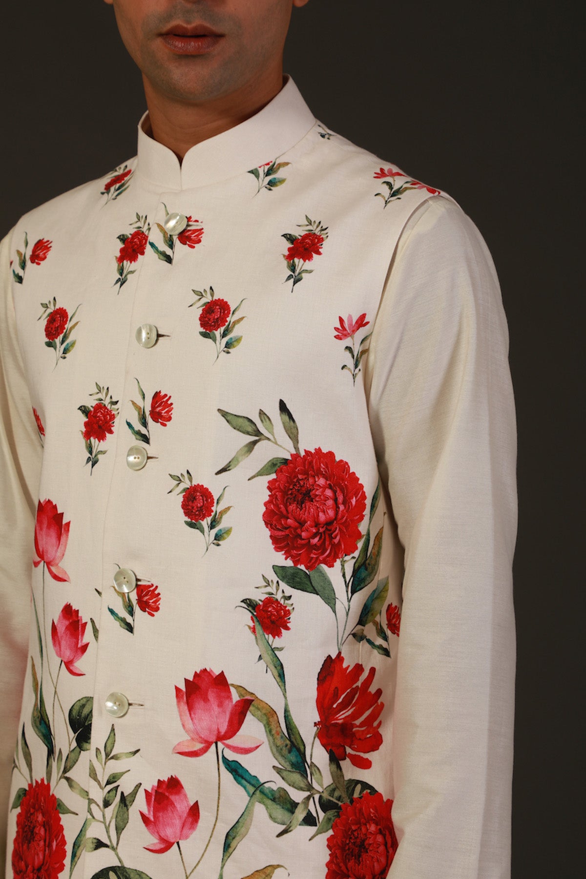 Ivory Linen Floral Printed Bundi