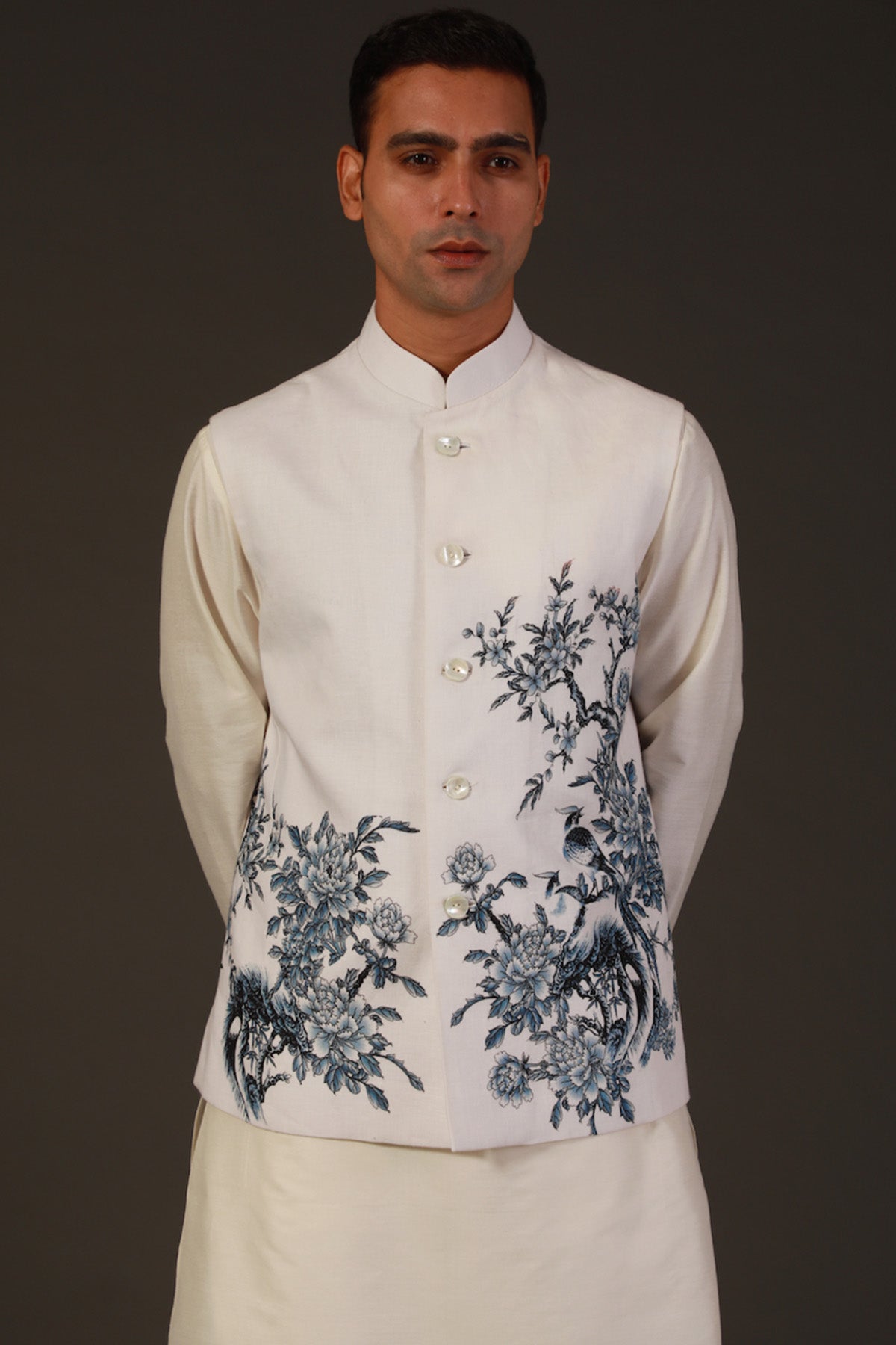 Ivory Linen Floral Printed Bundi