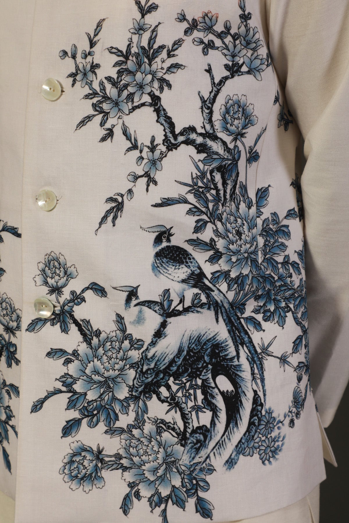 Ivory Linen Floral Printed Bundi