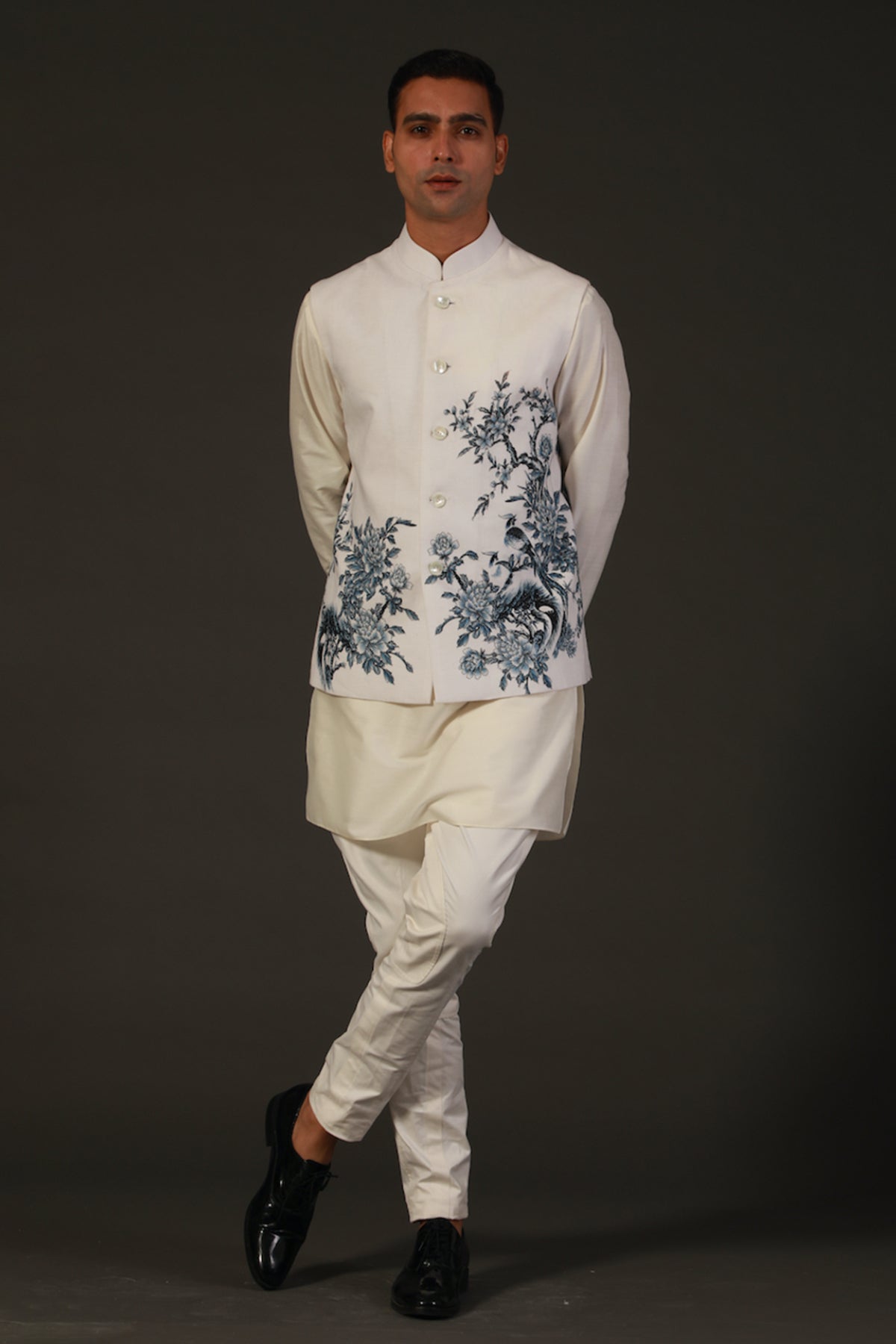 Ivory Linen Floral Printed Bundi