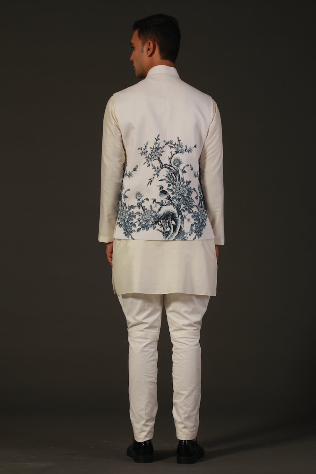 Ivory Linen Floral Printed Bundi