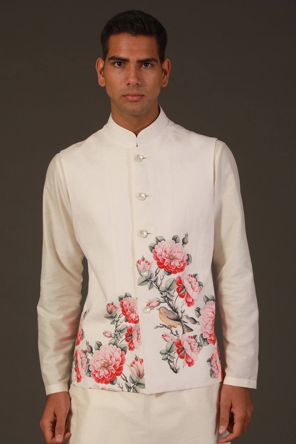 Ivory Linen Floral Printed Bundi