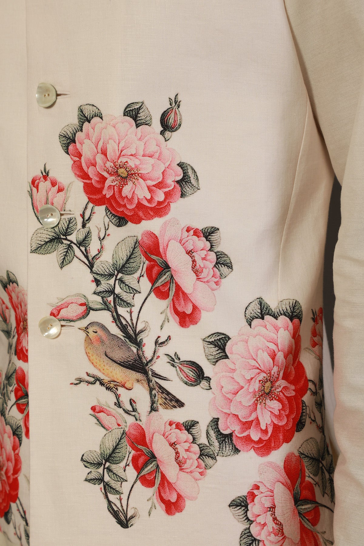 Ivory Linen Floral Printed Bundi