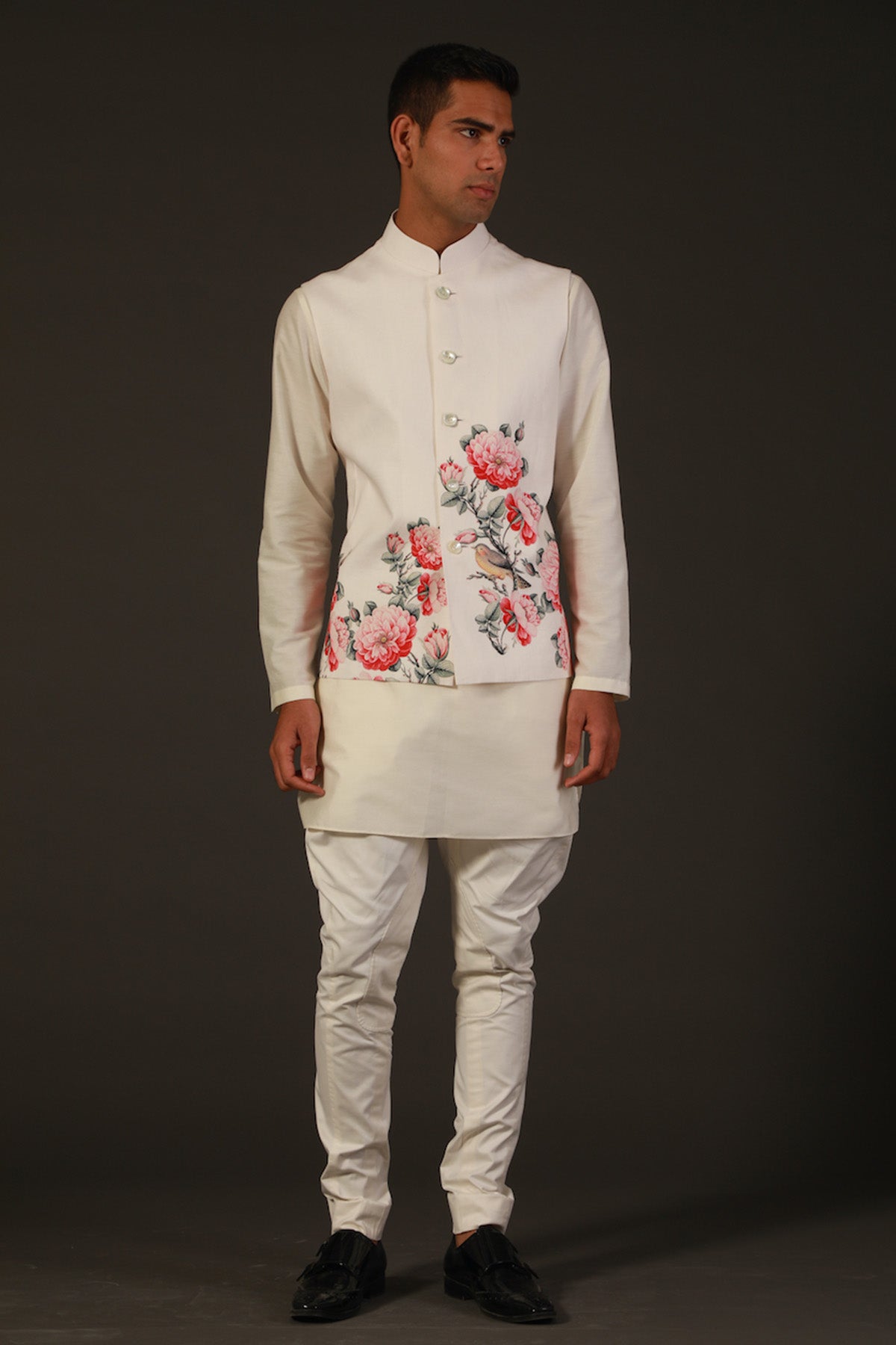 Ivory Linen Floral Printed Bundi