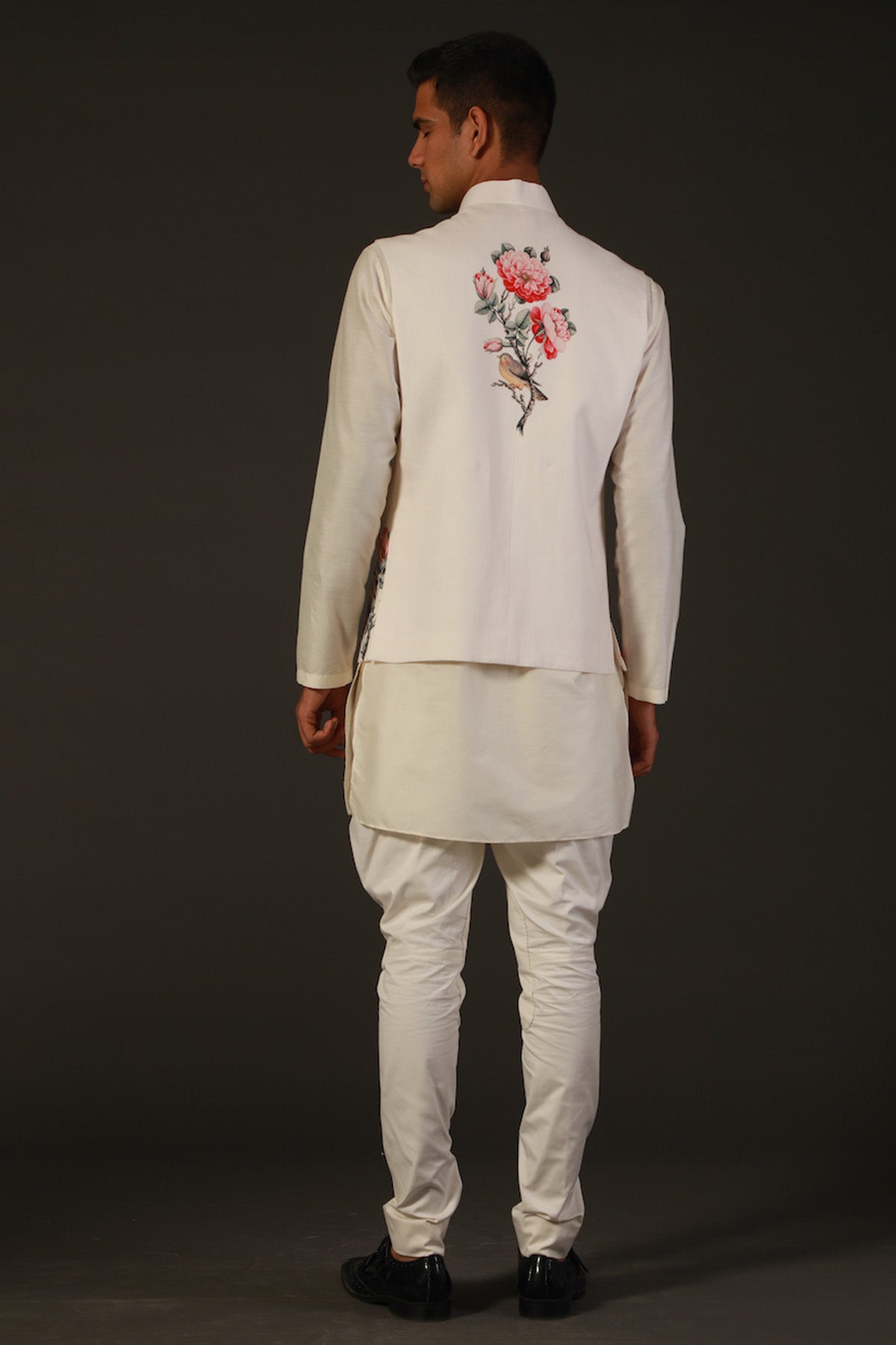 Ivory Linen Floral Printed Bundi